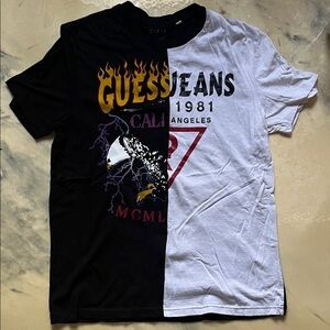 Guess Half & Half Graphic Tee - Black, White, Yellow, Red, Purple